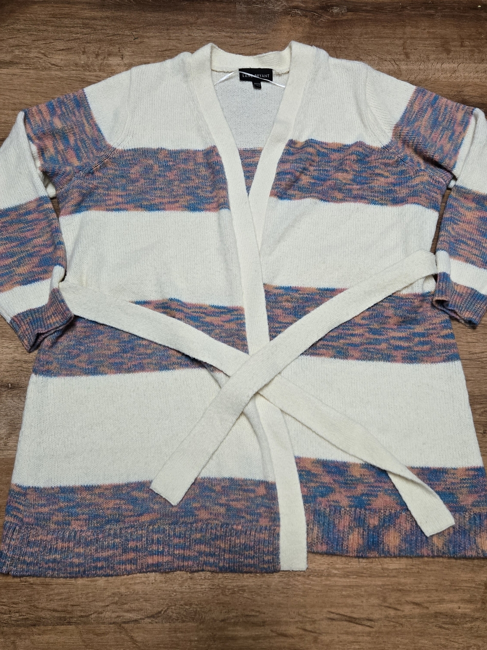 Lane Bryant Cream Striped Belted Cardigan with Pink & Blue Accents 22 / 24
